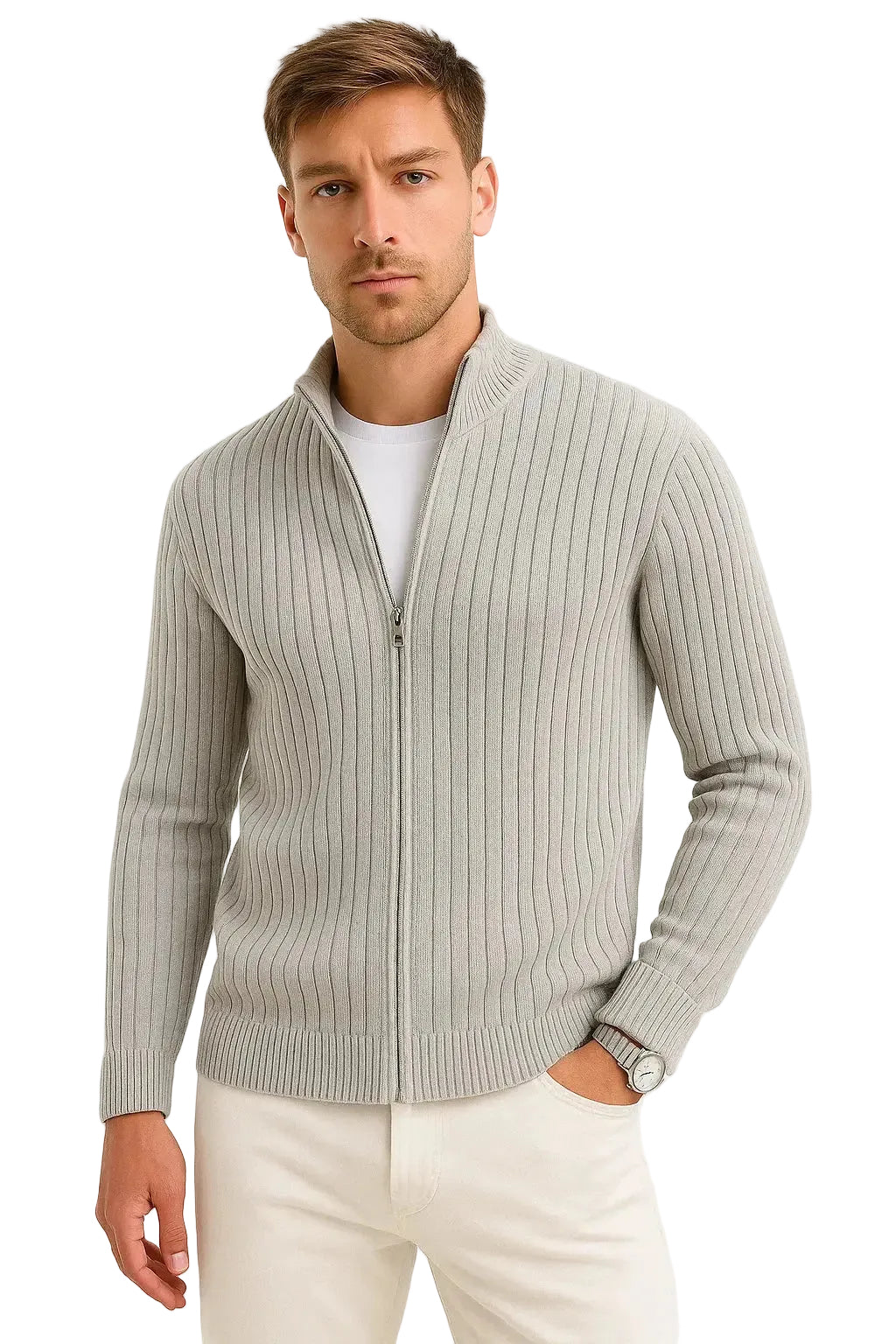 BENNETTVALE MEN’S GREY RIBBED KNIT CARDIGAN