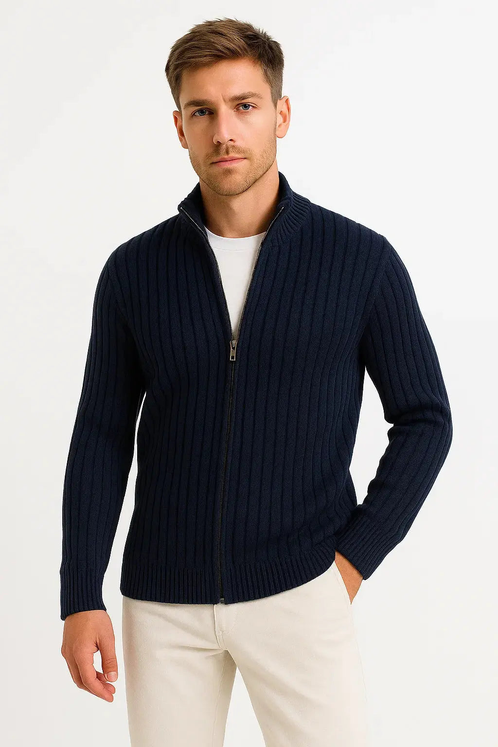 BENNETTVALE MEN’S GREY RIBBED KNIT CARDIGAN