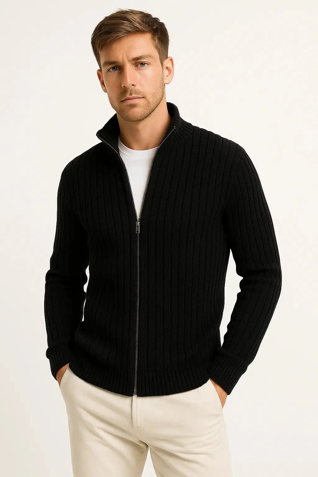 BENNETTVALE MEN’S GREY RIBBED KNIT CARDIGAN