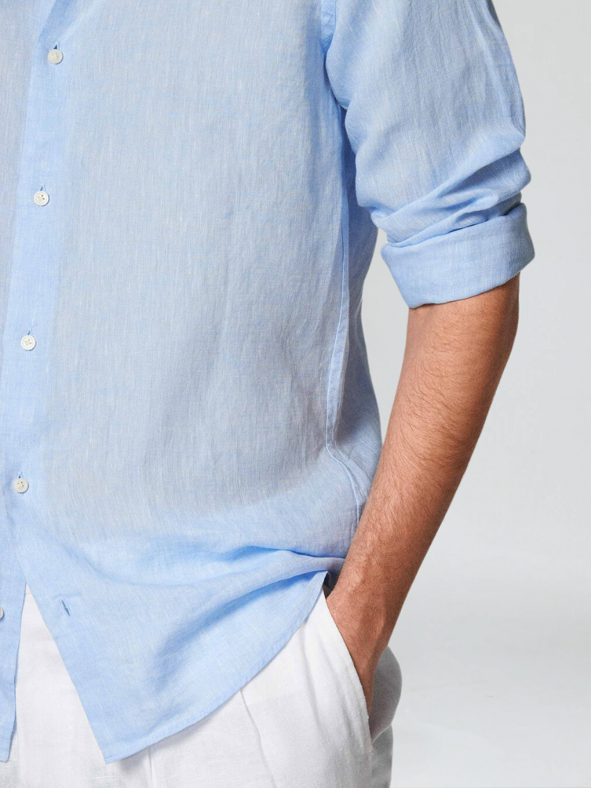 BENNETTVALE MEN’S LINEN BLUE BUTTON SHIRT