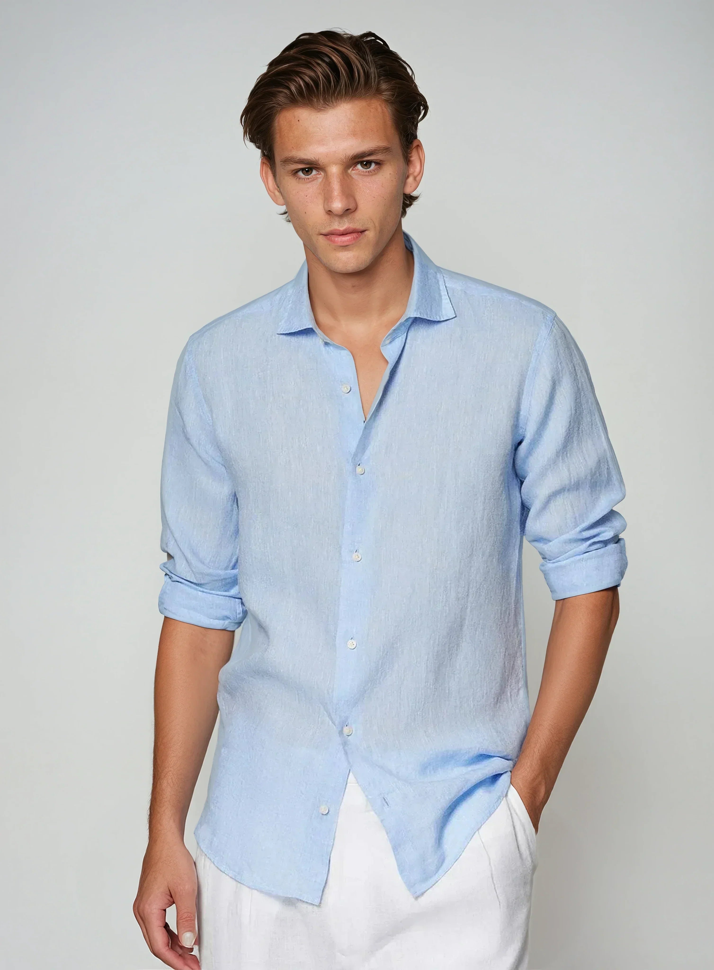 BENNETTVALE MEN’S LINEN BLUE BUTTON SHIRT