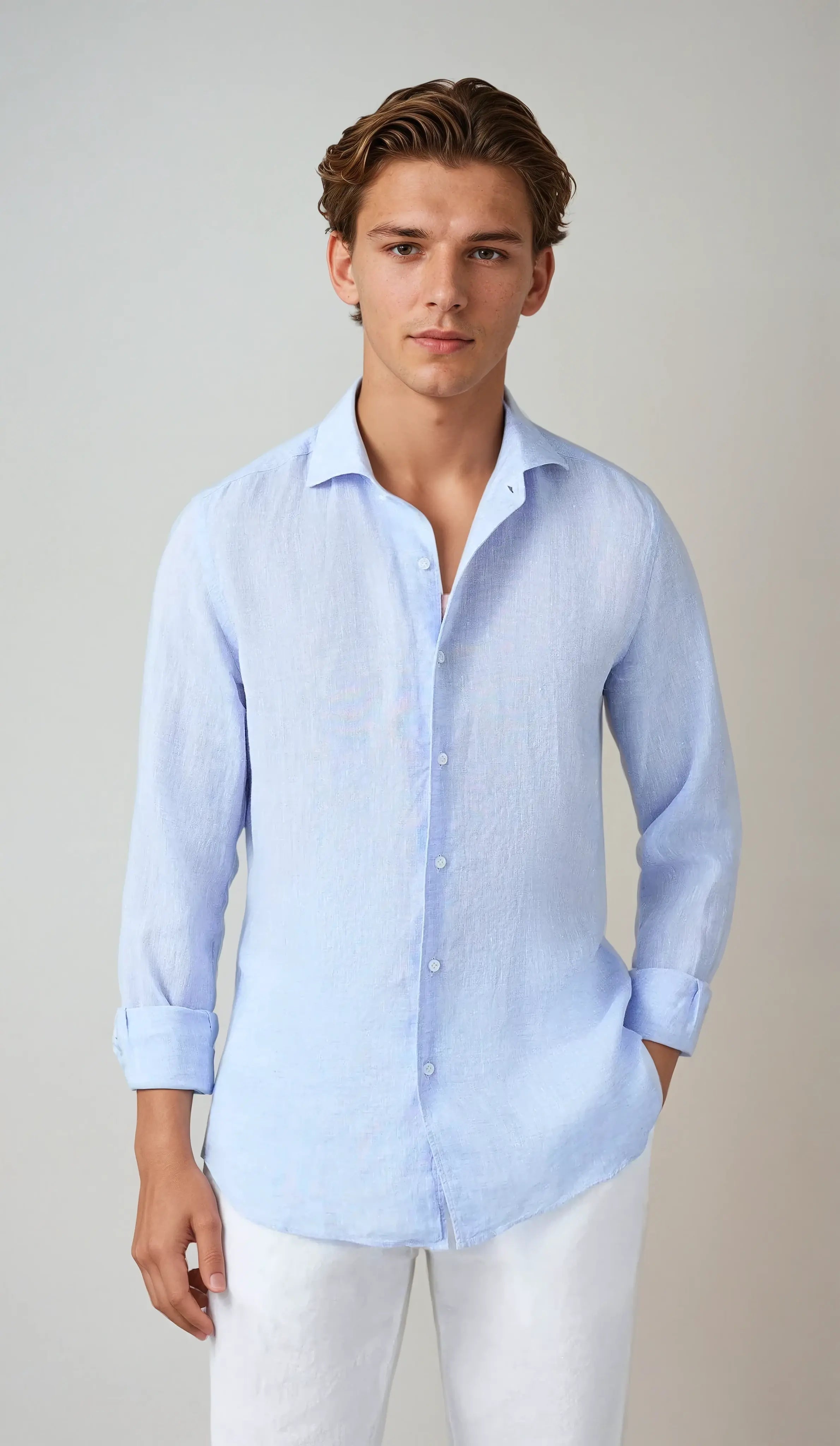 BENNETTVALE MEN’S LINEN BLUE BUTTON SHIRT