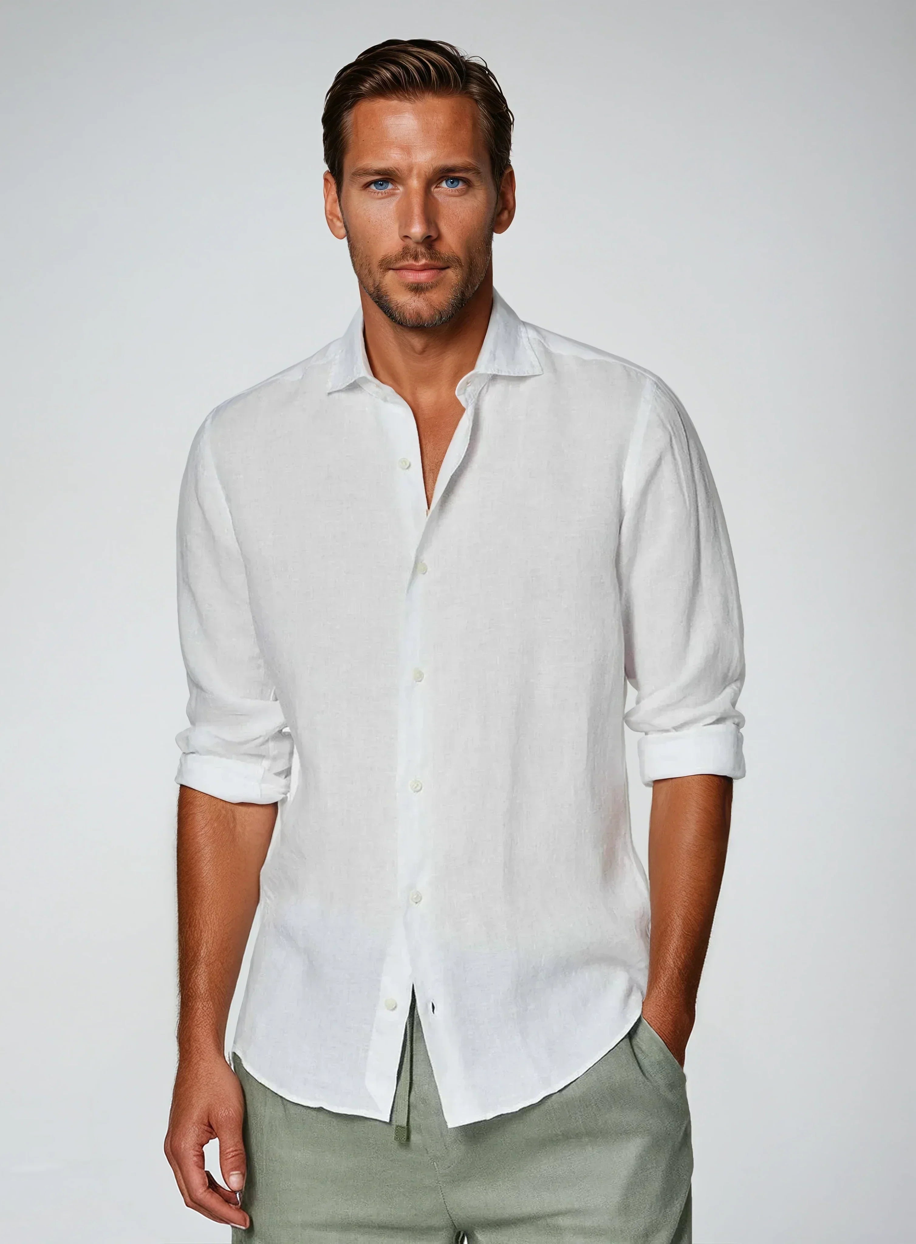 BENNETTVALE MEN’S LINEN WHITE BUTTON SHIRT