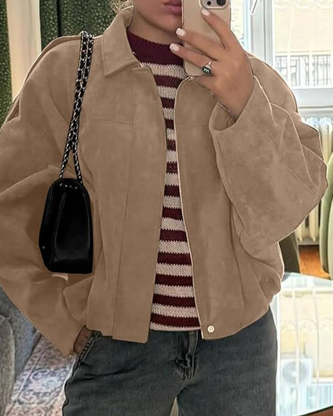 BENNETTVALE WOMEN’S FAUX SUEDE COLLAR BOMBER JACKET