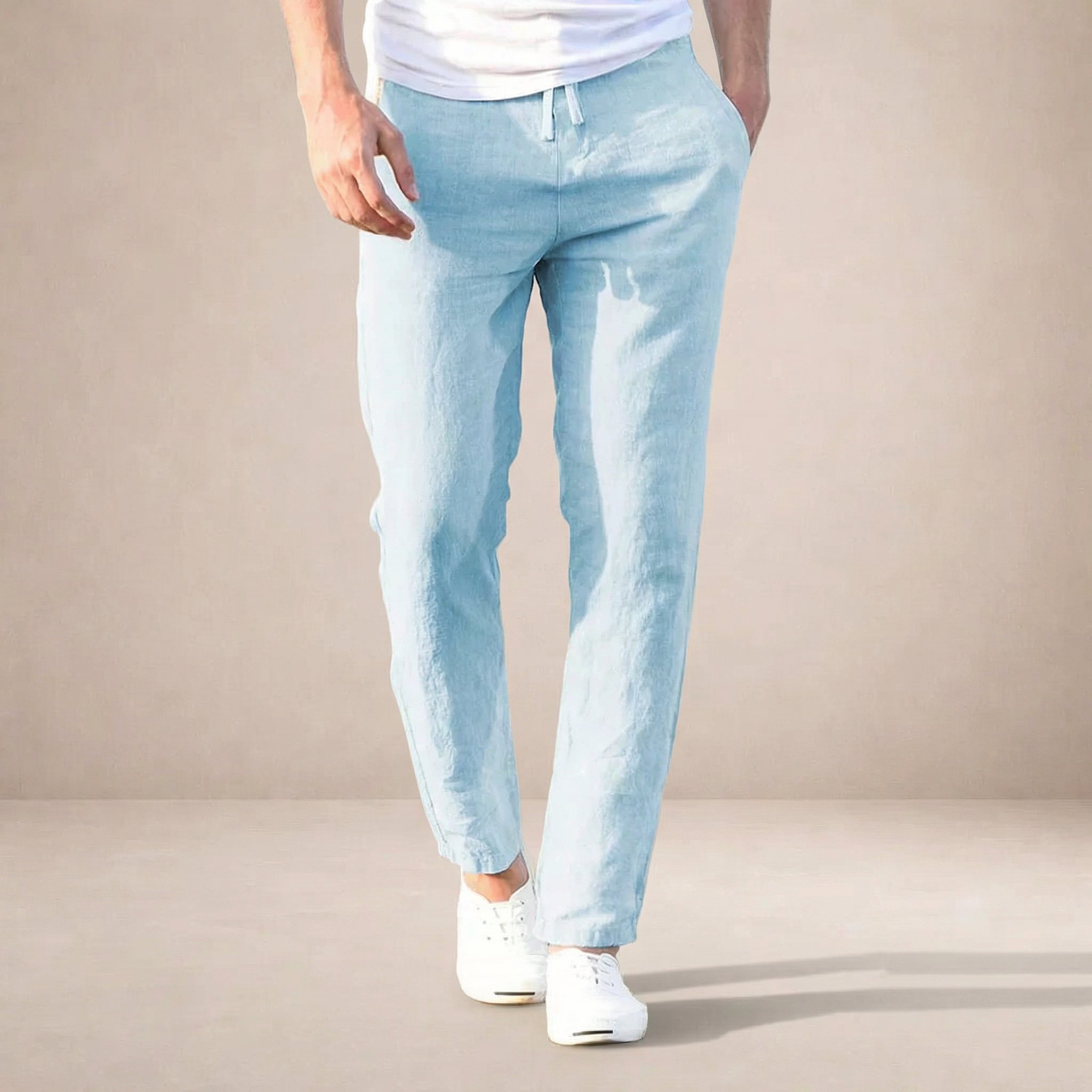 BENNETTVALE MEN’S BREATHABLE LINEN TROUSERS WITH ELASTIC WAIST