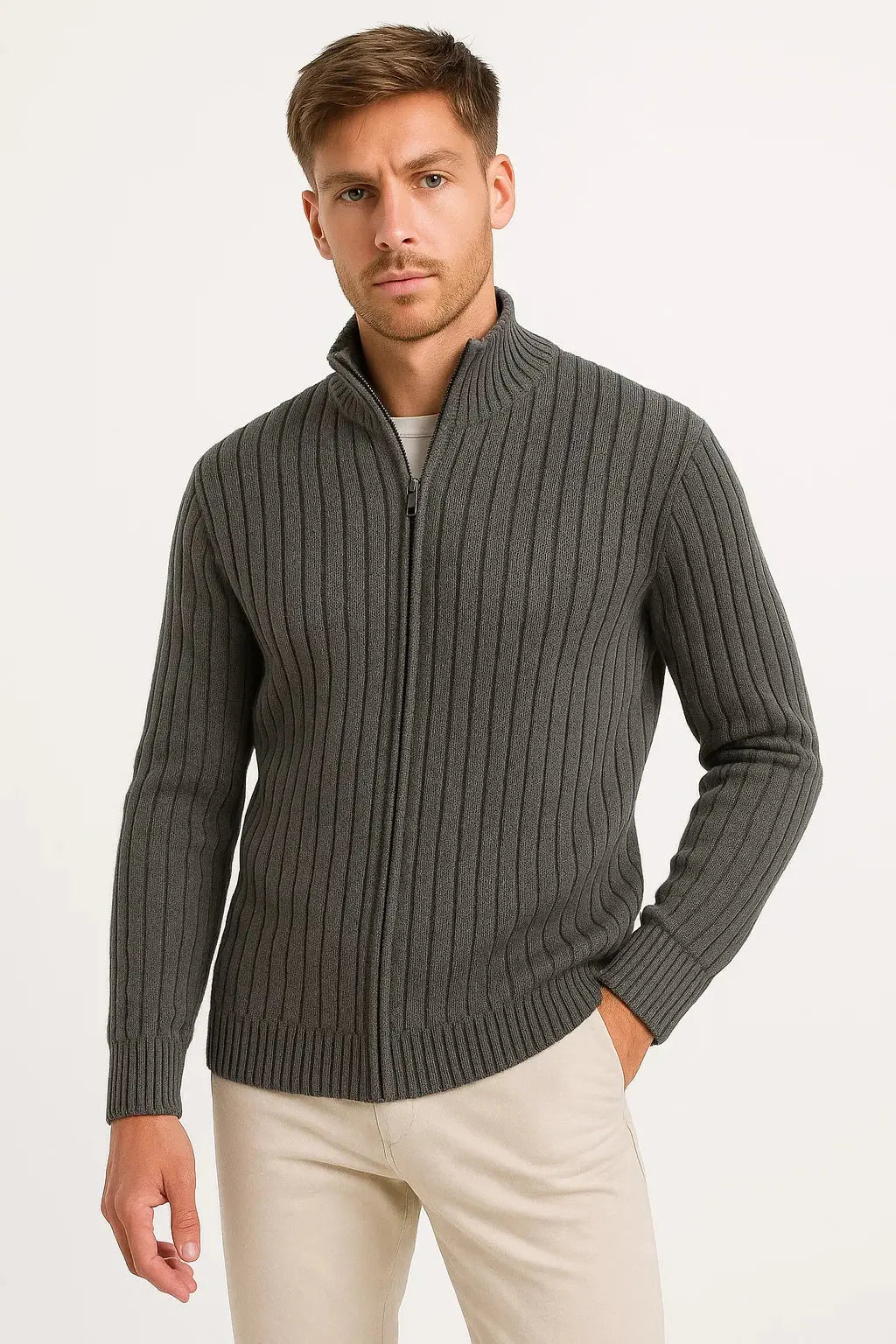 BENNETTVALE MEN’S GREY RIBBED KNIT CARDIGAN