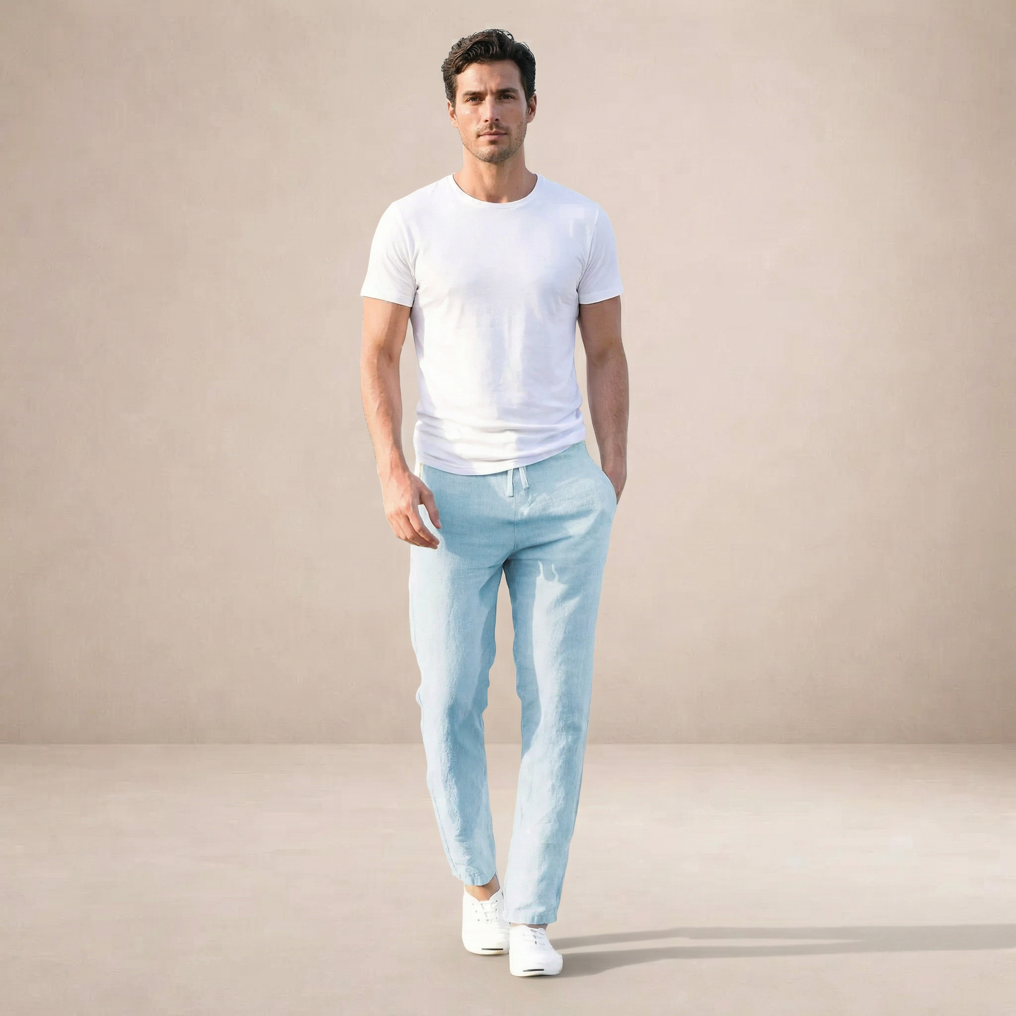 BENNETTVALE MEN’S BREATHABLE LINEN TROUSERS WITH ELASTIC WAIST