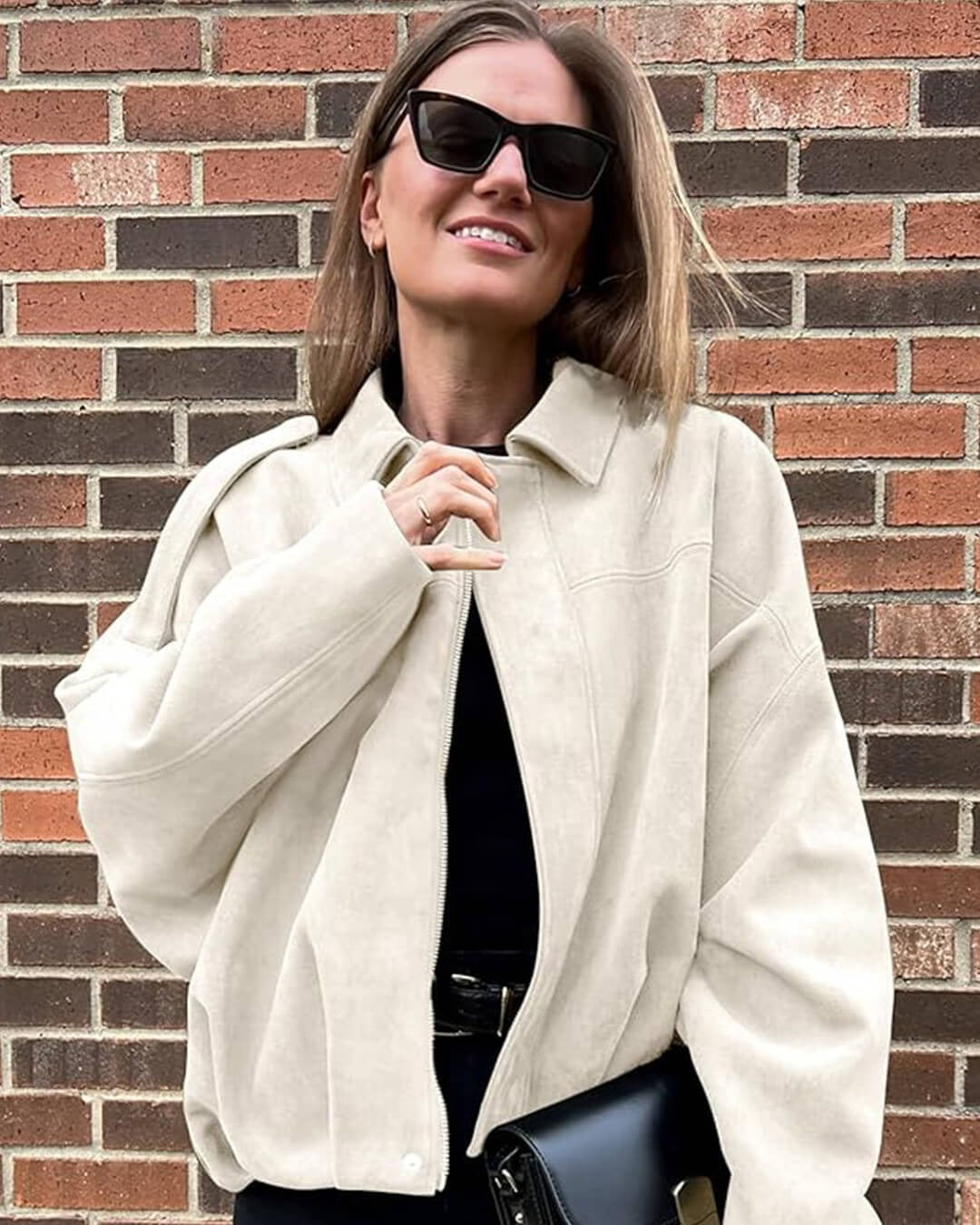 BENNETTVALE WOMEN’S FAUX SUEDE COLLAR BOMBER JACKET