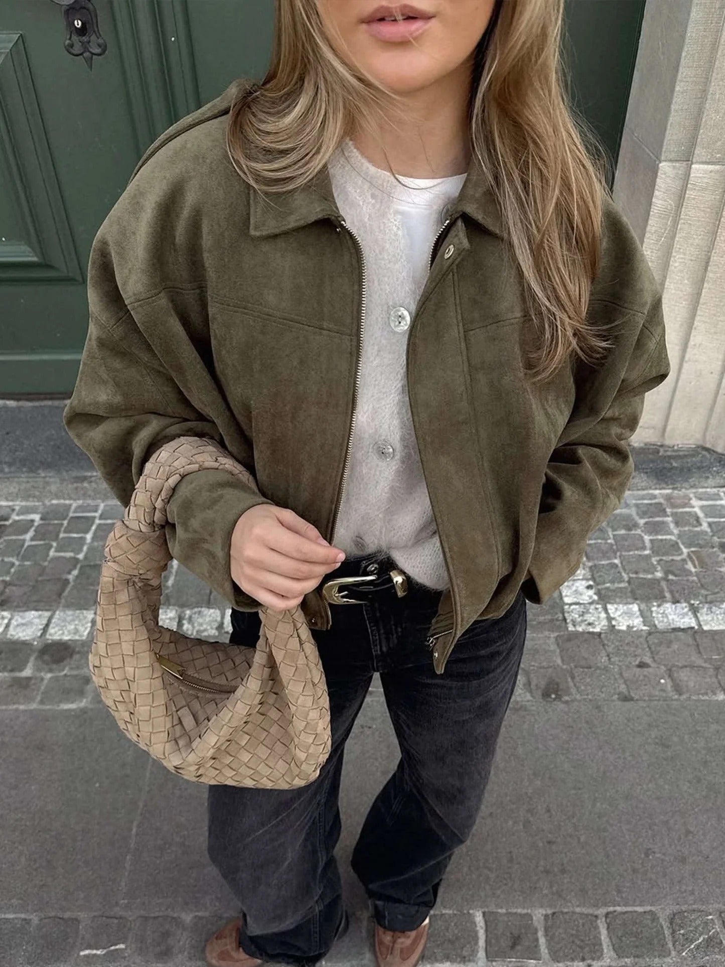 BENNETTVALE WOMEN’S FAUX SUEDE COLLAR BOMBER JACKET
