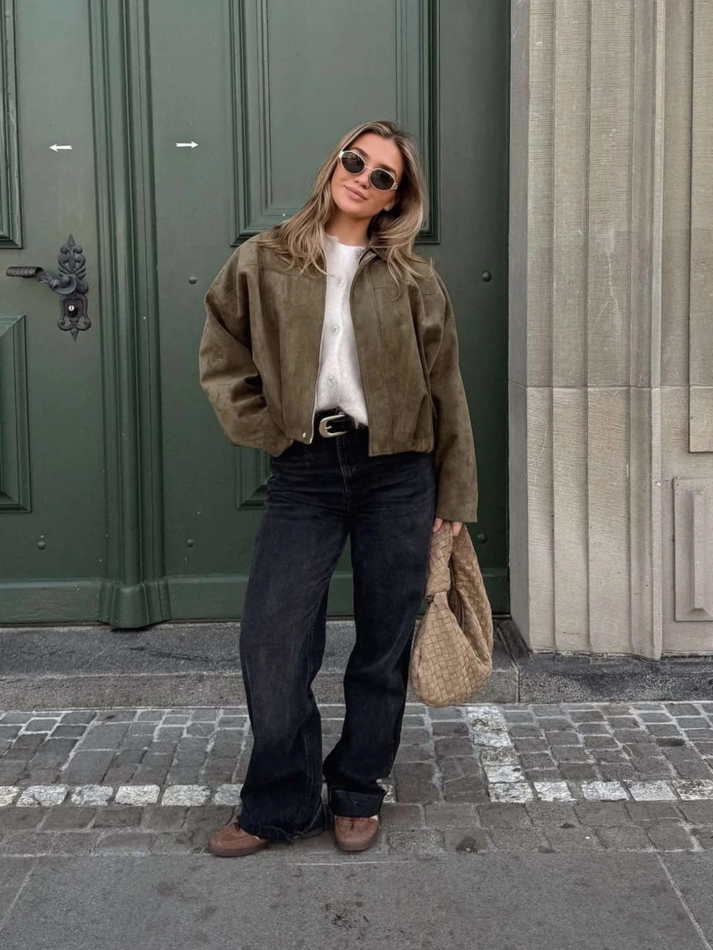 BENNETTVALE WOMEN’S FAUX SUEDE COLLAR BOMBER JACKET