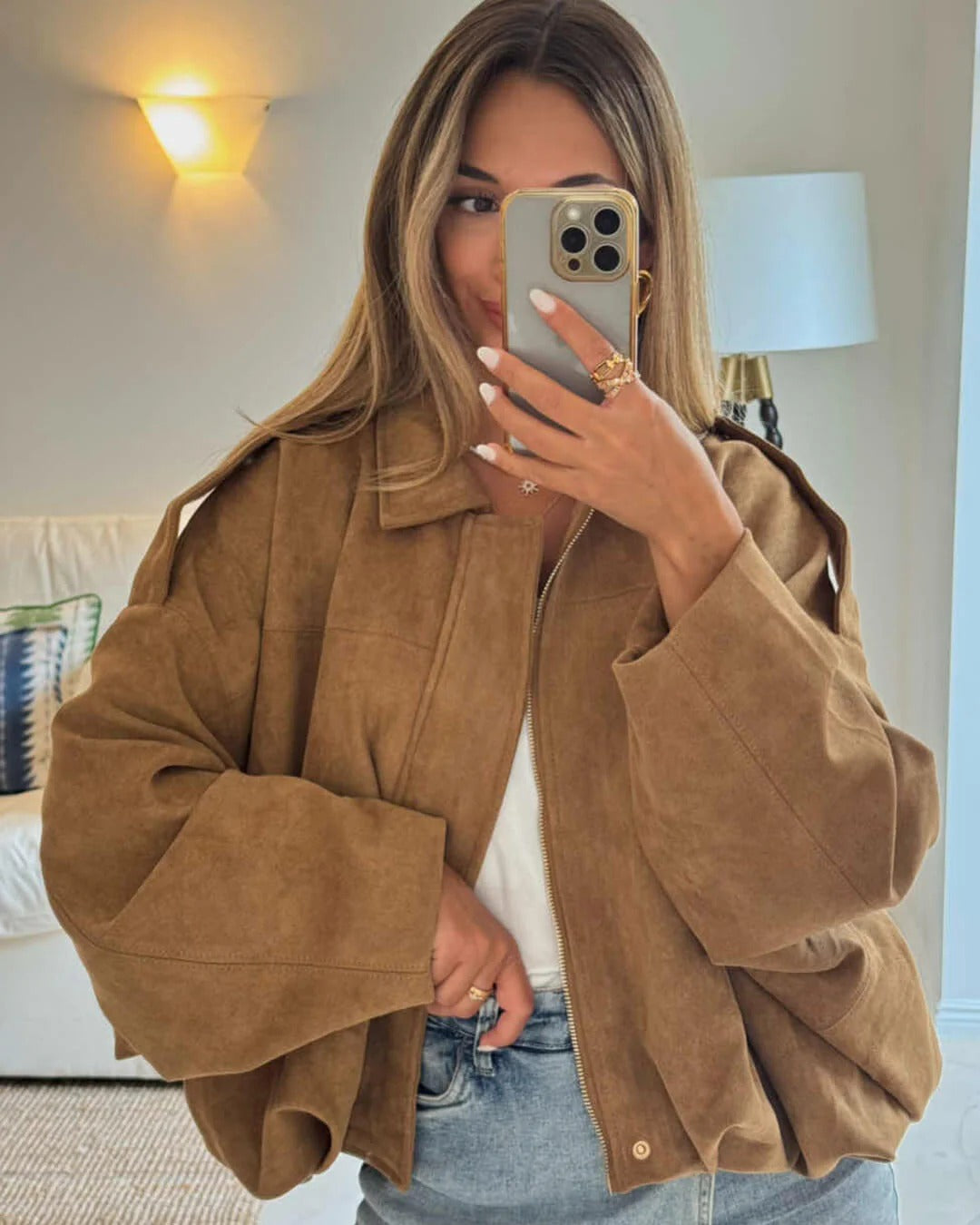 BENNETTVALE WOMEN’S FAUX SUEDE COLLAR BOMBER JACKET