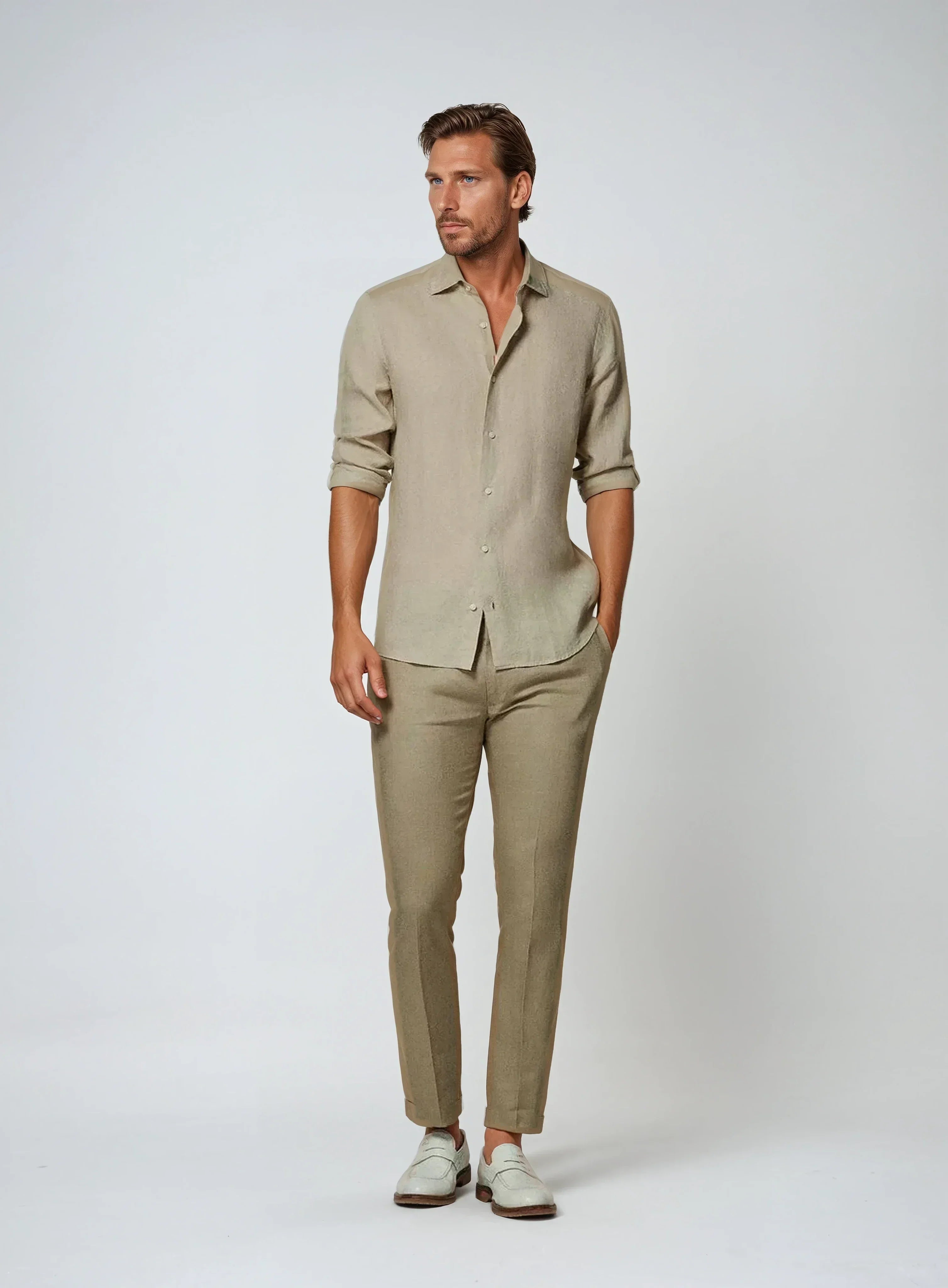 BENNETTVALE MEN’S LINEN KHAKI BUTTON SHIRT